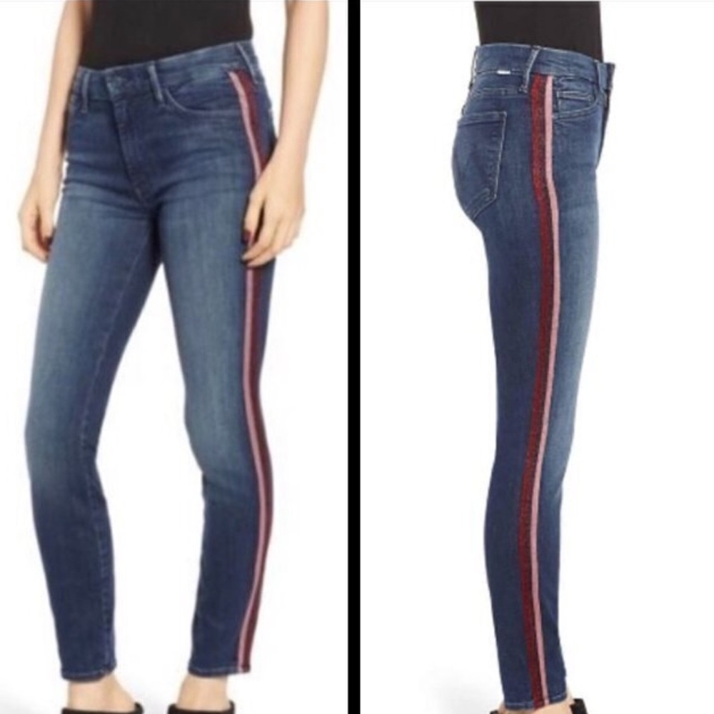 NEW MOTHER Dark Blue Looker Jeans Glitter Stripe